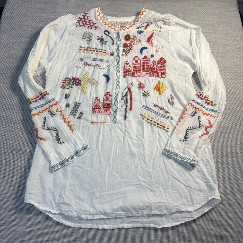 Pete & Greta Johnny Was Tunic Size M White Embroidered Boho Cotton Top MSRP $188